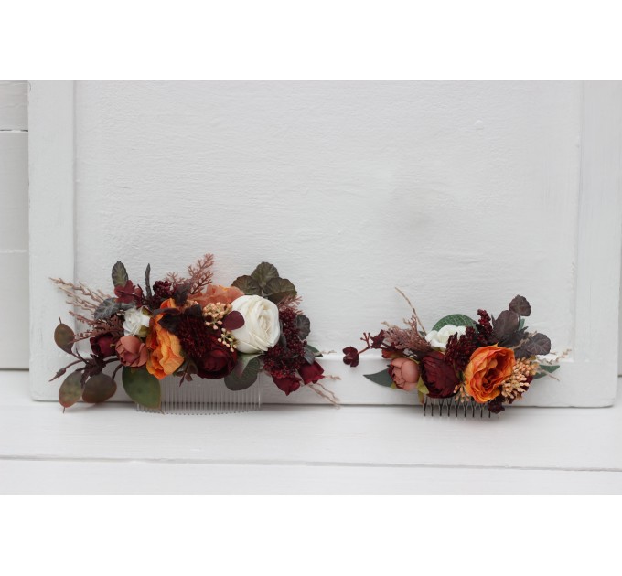 Flower combs in burgundy rust ivory cinnamon color scheme. Wedding accessories for hair. Bridal flower comb. Bridesmaid floral comb 0039