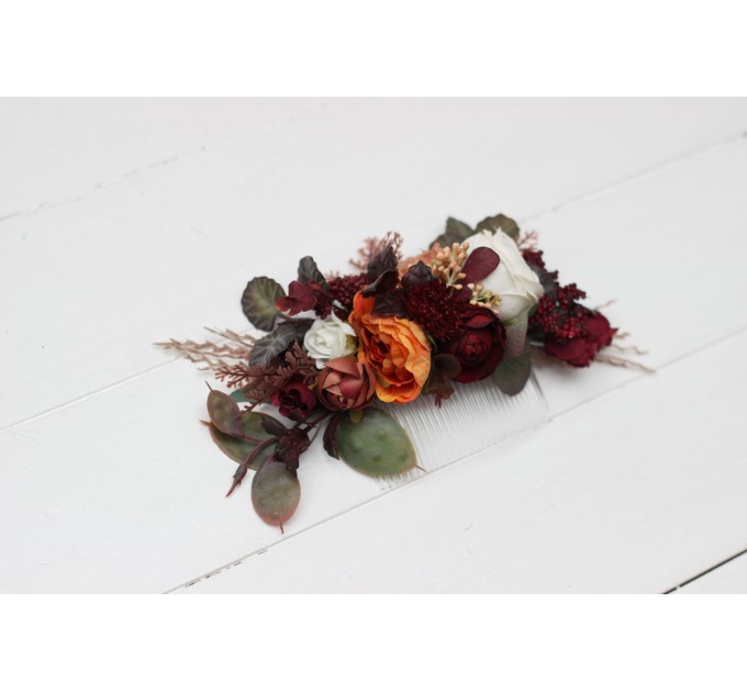Flower combs in burgundy rust ivory cinnamon color scheme. Wedding accessories for hair. Bridal flower comb. Bridesmaid floral comb 0039