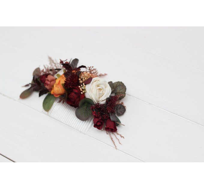 Flower combs in burgundy rust ivory cinnamon color scheme. Wedding accessories for hair. Bridal flower comb. Bridesmaid floral comb 0039