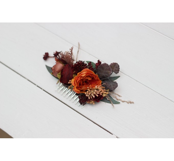 Flower combs in burgundy rust ivory cinnamon color scheme. Wedding accessories for hair. Bridal flower comb. Bridesmaid floral comb 0039