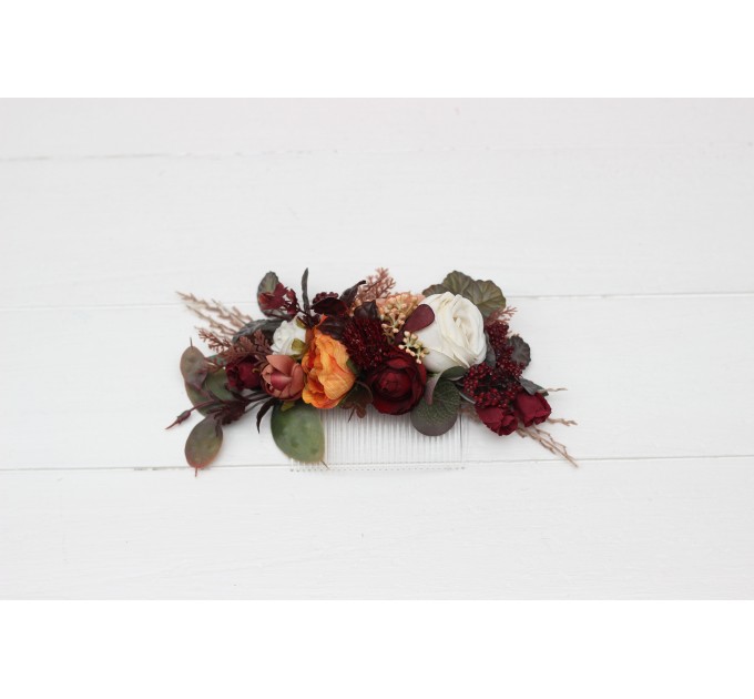 Flower combs in burgundy rust ivory cinnamon color scheme. Wedding accessories for hair. Bridal flower comb. Bridesmaid floral comb 0039