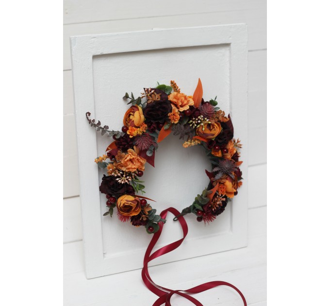 Rust burgundy cinnamon orange flower crown. Hair wreath. Flower girl crown. Wedding flowers. 0033