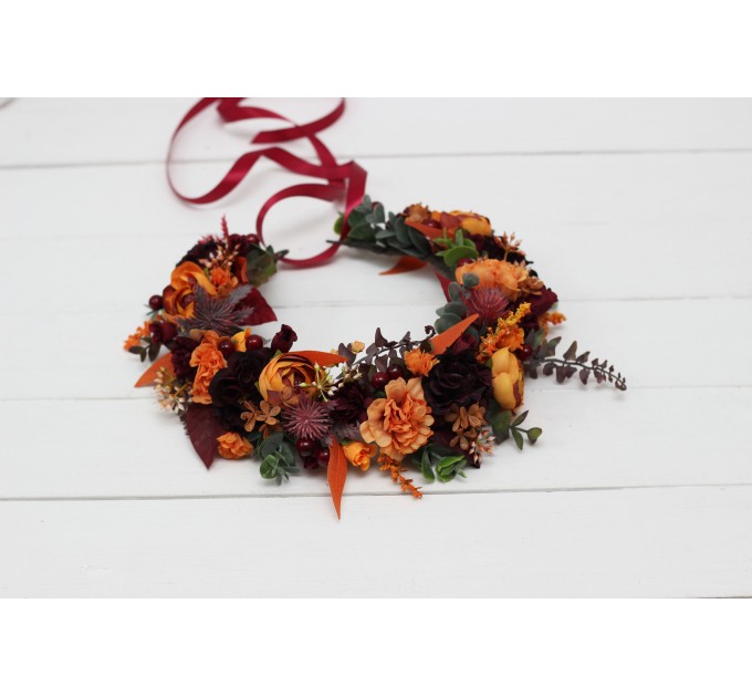 Rust burgundy cinnamon orange flower crown. Hair wreath. Flower girl crown. Wedding flowers. 0033