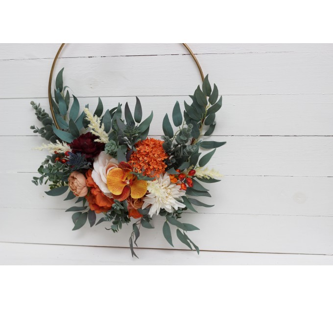 Rust orange burgundy color theme .Orchid dahlia floral hoop. Alternative bridesmaid bouquet. Boho wedding. Floral backdrop. 0035