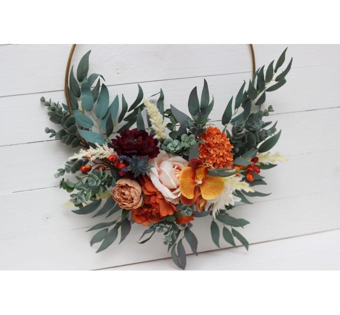 Rust orange burgundy color theme .Orchid dahlia floral hoop. Alternative bridesmaid bouquet. Boho wedding. Floral backdrop. 0035