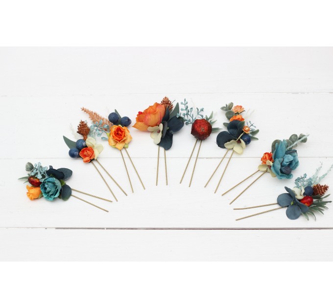 Set of 8 hair pins in teal rust blue orange color scheme. Hair accessories. Flower accessories for wedding. 0034