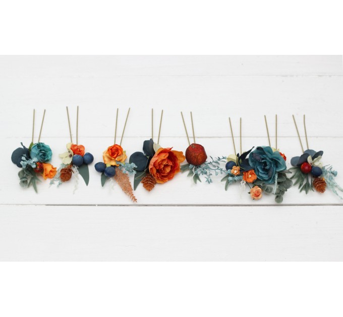 Set of 8 hair pins in teal rust blue orange color scheme. Hair accessories. Flower accessories for wedding. 0034