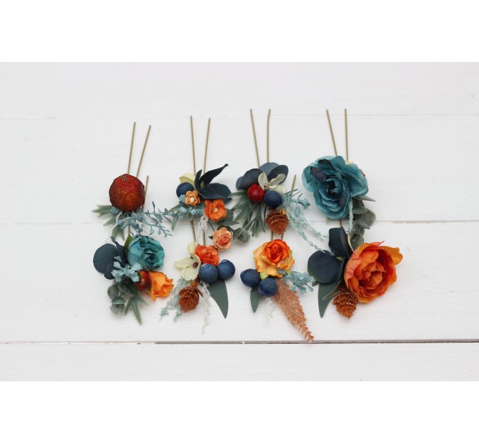 Set of 8 hair pins in teal rust blue orange color scheme. Hair accessories. Flower accessories for wedding. 0034