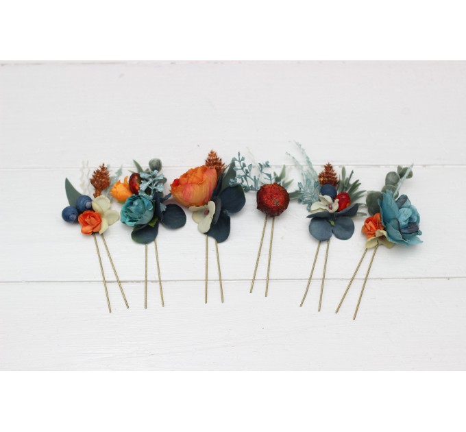 Set of 8 hair pins in teal rust blue orange color scheme. Hair accessories. Flower accessories for wedding. 0034