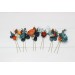 Set of 8 hair pins in teal rust blue orange color scheme. Hair accessories. Flower accessories for wedding. 0034