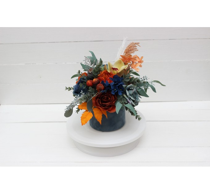 Teal rust ivory  centerpiece. Table decor. Flowers in box. 0034