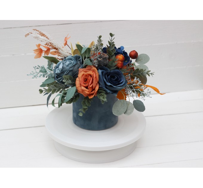 Teal rust ivory  centerpiece. Table decor. Flowers in box. 0034