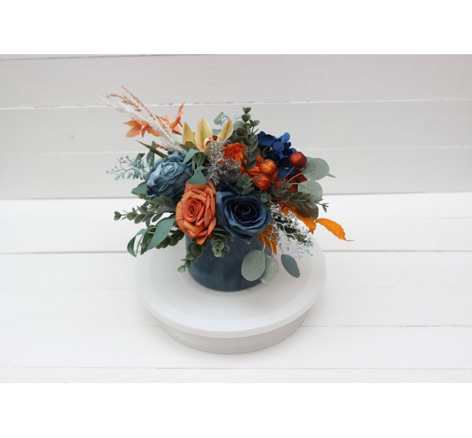 Teal rust ivory  centerpiece. Table decor. Flowers in box. 0034