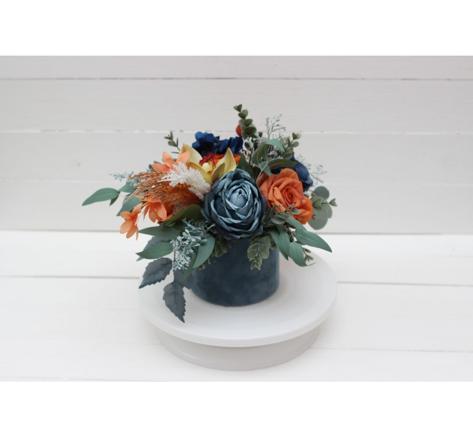 Teal rust ivory  centerpiece. Table decor. Flowers in box. 0034