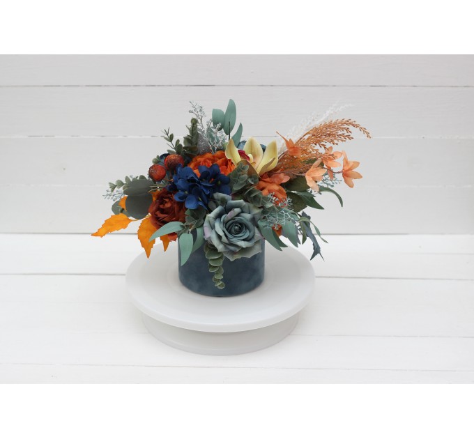 Teal rust ivory  centerpiece. Table decor. Flowers in box. 0034