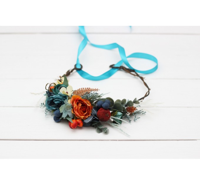 Teal rust ivory flower crown. Hair wreath. Flower girl crown. Wedding flowers. 0034