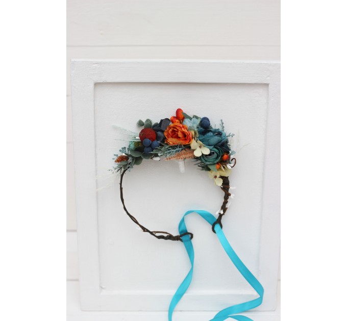Teal rust ivory flower crown. Hair wreath. Flower girl crown. Wedding flowers. 0034