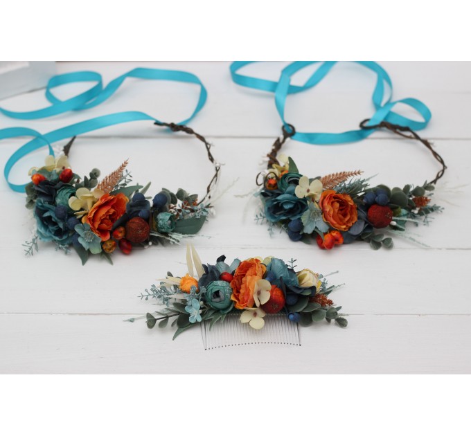 Teal rust ivory flower crown. Hair wreath. Flower girl crown. Wedding flowers. 0034