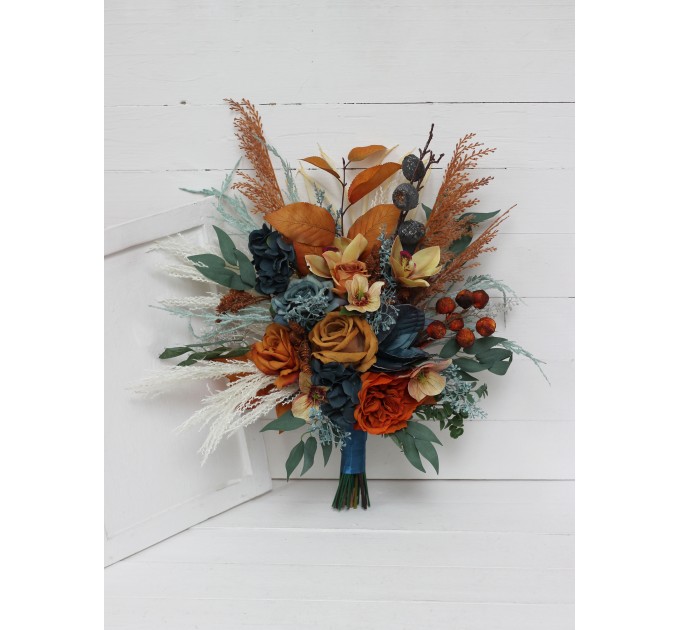 Wedding bouquets in dark teal rust ivory colors. Navy blue orange flowers.Bridal bouquet.Cascading bouquet. Faux bouquet. Bridesmaid bouquet. 0034