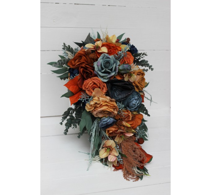 Wedding bouquets in dark teal rust ivory colors. Navy blue orange flowers.Bridal bouquet.Cascading bouquet. Faux bouquet. Bridesmaid bouquet. 0034