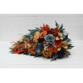 Wedding bouquets in dark teal rust ivory colors. Navy blue orange flowers.Bridal bouquet.Cascading bouquet. Faux bouquet. Bridesmaid bouquet. 0034