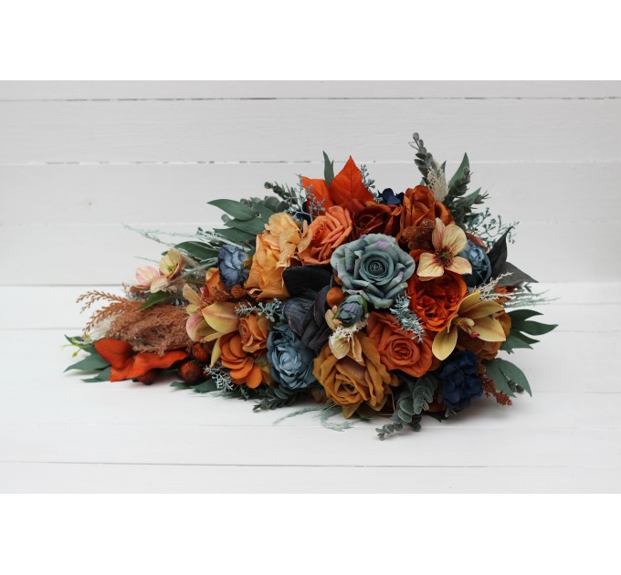 Wedding bouquets in dark teal rust ivory colors. Navy blue orange flowers.Bridal bouquet.Cascading bouquet. Faux bouquet. Bridesmaid bouquet. 0034