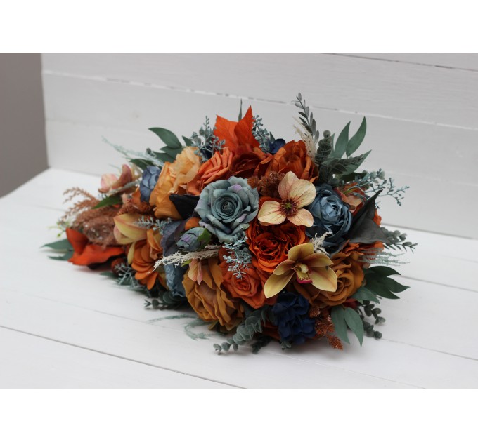 Wedding bouquets in dark teal rust ivory colors. Navy blue orange flowers.Bridal bouquet.Cascading bouquet. Faux bouquet. Bridesmaid bouquet. 0034