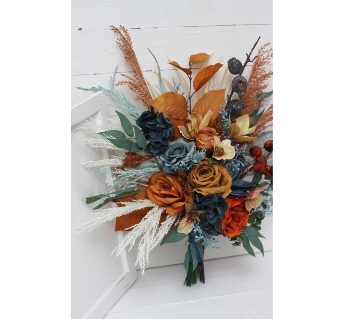 Wedding bouquets in dark teal rust ivory colors. Navy blue orange flowers.Bridal bouquet.Cascading bouquet. Faux bouquet. Bridesmaid bouquet. 0034