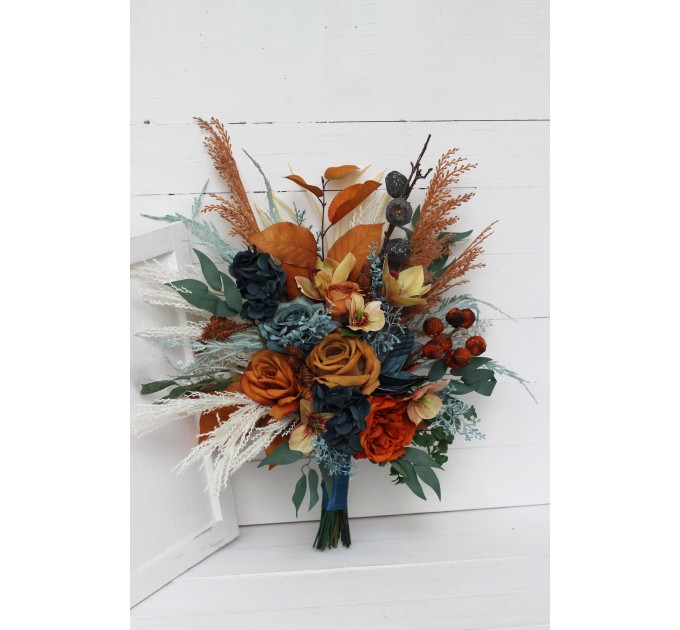 Wedding bouquets in dark teal rust ivory colors. Navy blue orange flowers.Bridal bouquet.Cascading bouquet. Faux bouquet. Bridesmaid bouquet. 0034