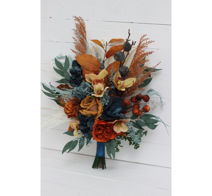 Wedding bouquets in dark teal rust ivory colors. Navy blue orange flowers.Bridal bouquet.Cascading bouquet. Faux bouquet. Bridesmaid bouquet. 0034