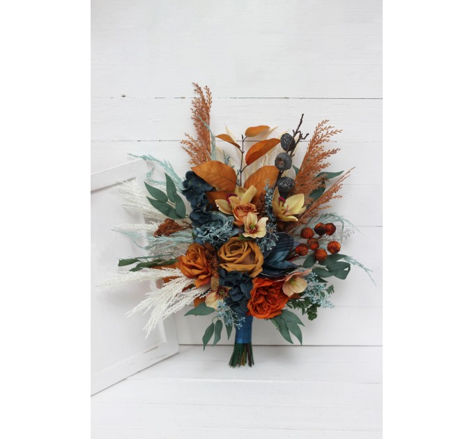 Wedding bouquets in dark teal rust ivory colors. Navy blue orange flowers.Bridal bouquet.Cascading bouquet. Faux bouquet. Bridesmaid bouquet. 0034