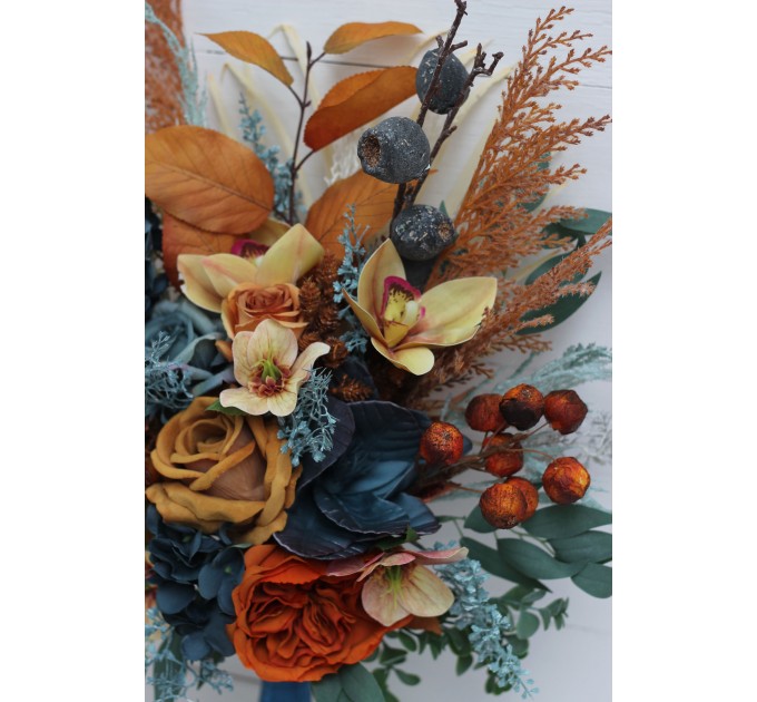 Wedding bouquets in dark teal rust ivory colors. Navy blue orange flowers.Bridal bouquet.Cascading bouquet. Faux bouquet. Bridesmaid bouquet. 0034