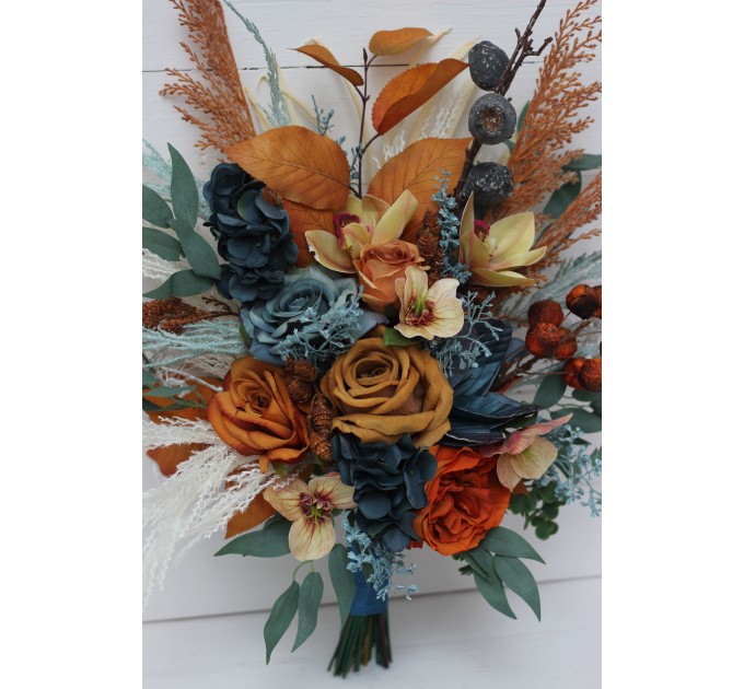 Wedding bouquets in dark teal rust ivory colors. Navy blue orange flowers.Bridal bouquet.Cascading bouquet. Faux bouquet. Bridesmaid bouquet. 0034