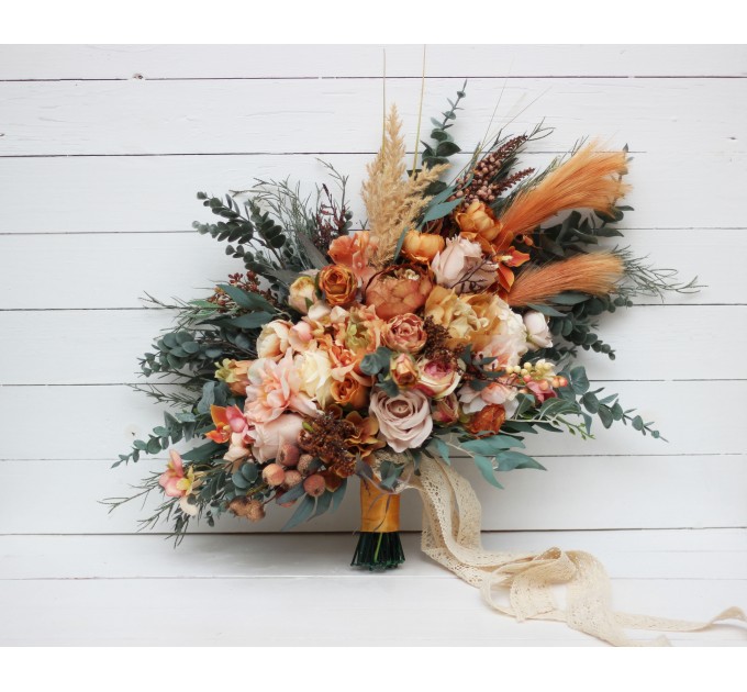Wedding bouquets in orange rust peach colors. Bridal bouquet. Cascading bouquet. Faux bouquet. Bridesmaid bouquet. 0001