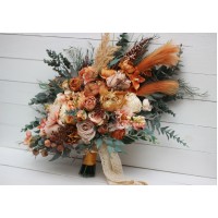 Wedding bouquets in orange rust peach colors. Bridal bouquet. Cascading bouquet. Faux bouquet. Bridesmaid bouquet. 0001 