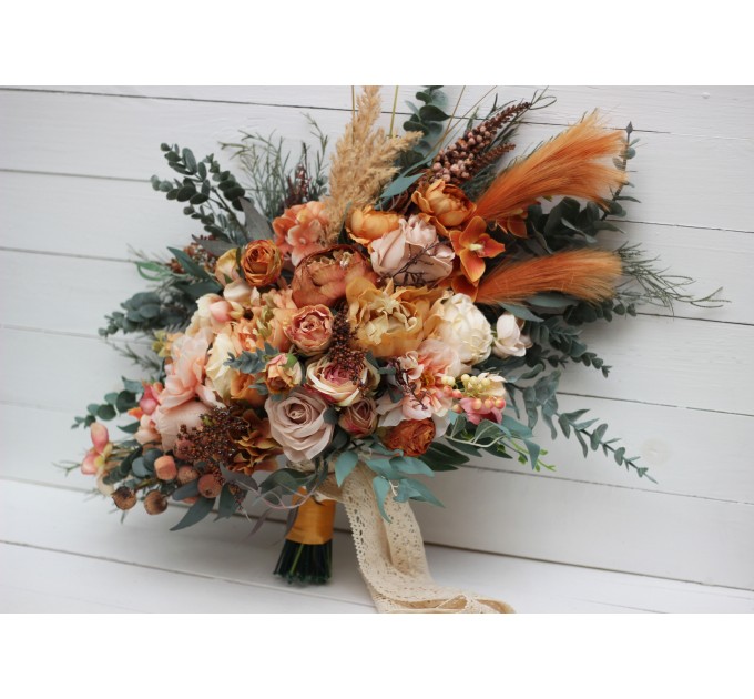 Wedding bouquets in orange rust peach colors. Bridal bouquet. Cascading bouquet. Faux bouquet. Bridesmaid bouquet. 0001