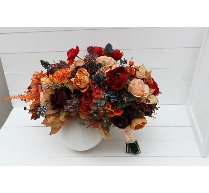 Cascading Fall Wedding Bouquet in Rust, Orange, Red & Blue | Faux Boho Bridal Flowers