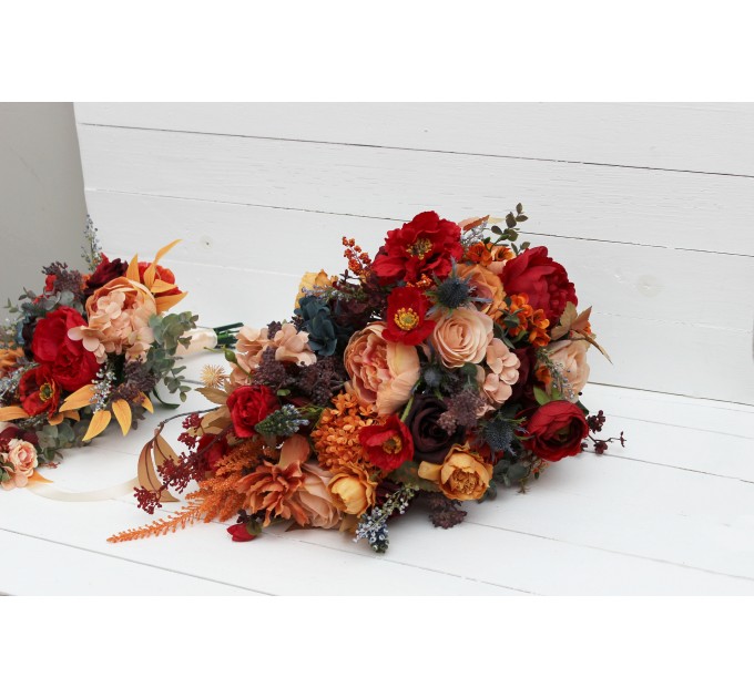 Cascading Fall Wedding Bouquet in Rust, Orange, Red & Blue | Faux Boho Bridal Flowers
