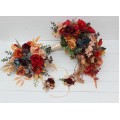 Cascading Fall Wedding Bouquet in Rust, Orange, Red & Blue | Faux Boho Bridal Flowers