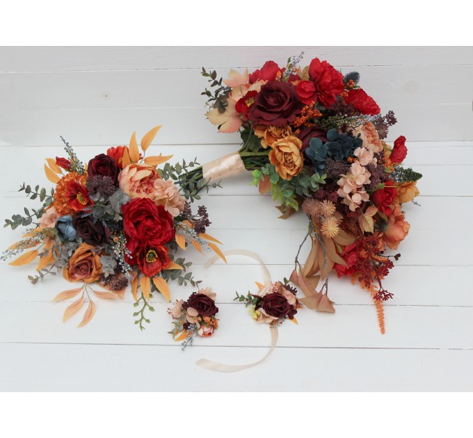 Cascading Fall Wedding Bouquet in Rust, Orange, Red & Blue | Faux Boho Bridal Flowers