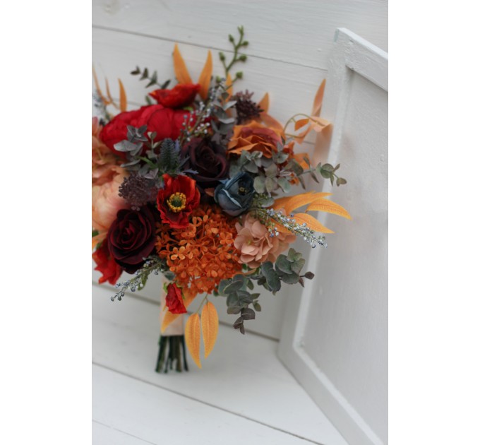 Cascading Fall Wedding Bouquet in Rust, Orange, Red & Blue | Faux Boho Bridal Flowers