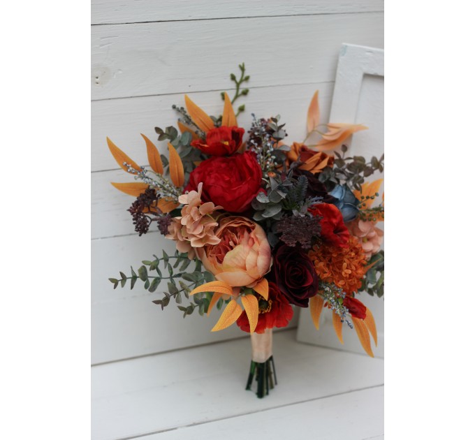 Cascading Fall Wedding Bouquet in Rust, Orange, Red & Blue | Faux Boho Bridal Flowers