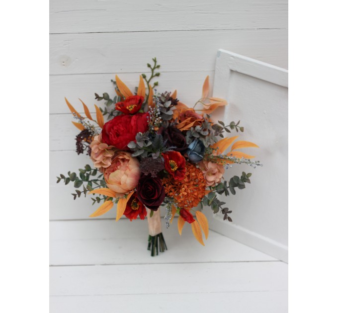 Cascading Fall Wedding Bouquet in Rust, Orange, Red & Blue | Faux Boho Bridal Flowers