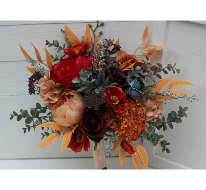 Cascading Fall Wedding Bouquet in Rust, Orange, Red & Blue | Faux Boho Bridal Flowers