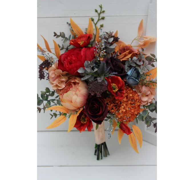 Cascading Fall Wedding Bouquet in Rust, Orange, Red & Blue | Faux Boho Bridal Flowers
