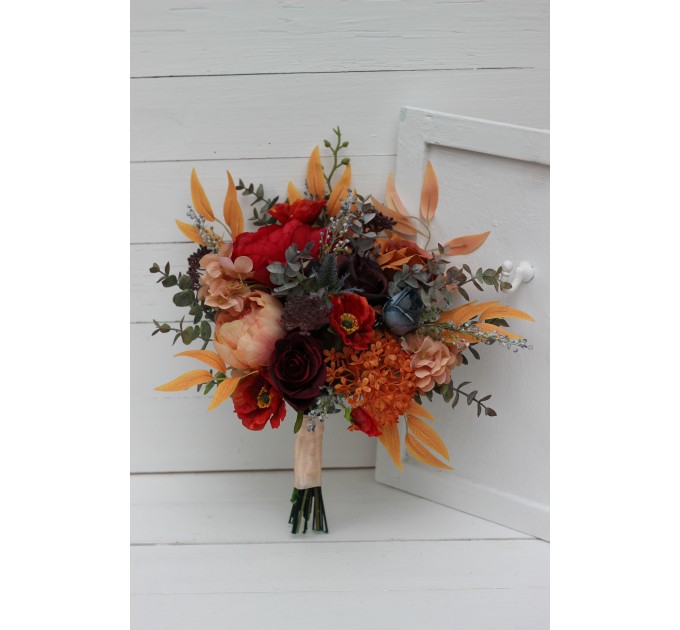 Cascading Fall Wedding Bouquet in Rust, Orange, Red & Blue | Faux Boho Bridal Flowers