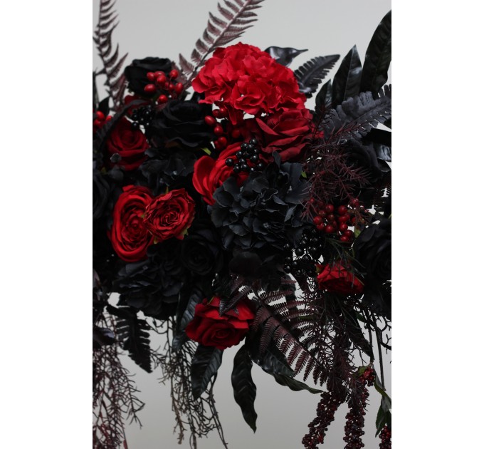  Flower arch arrangement in black and red colors.  Arbor flowers. Floral archway. Faux flowers for wedding arch. Halloween wedding. 5041