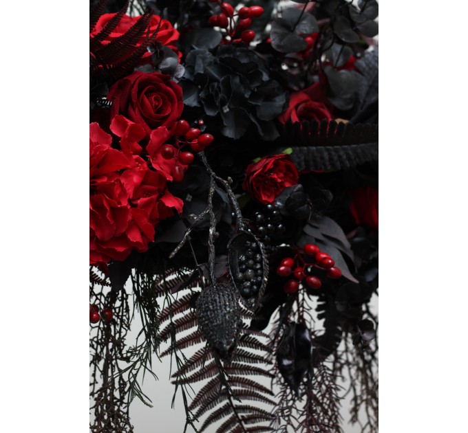  Flower arch arrangement in black and red colors.  Arbor flowers. Floral archway. Faux flowers for wedding arch. Halloween wedding. 5041