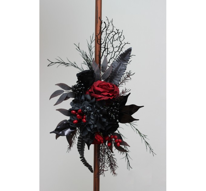  Flower arch arrangement in black and red colors.  Arbor flowers. Floral archway. Faux flowers for wedding arch. Halloween wedding. 5041