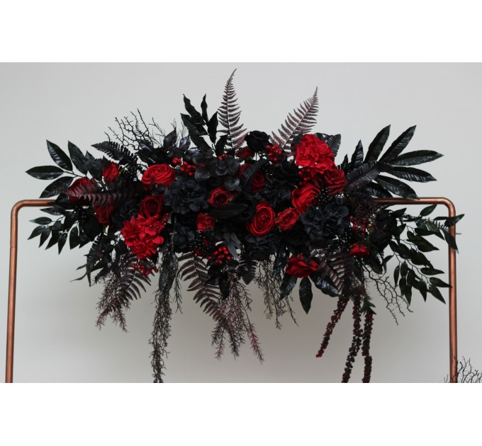  Flower arch arrangement in black and red colors.  Arbor flowers. Floral archway. Faux flowers for wedding arch. Halloween wedding. 5041
